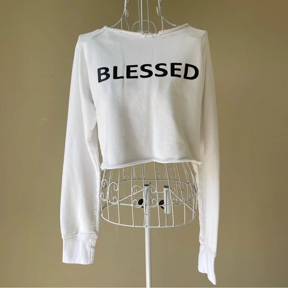 Blessed cropped sweatshirt long sleeve raw hem cotton white size S